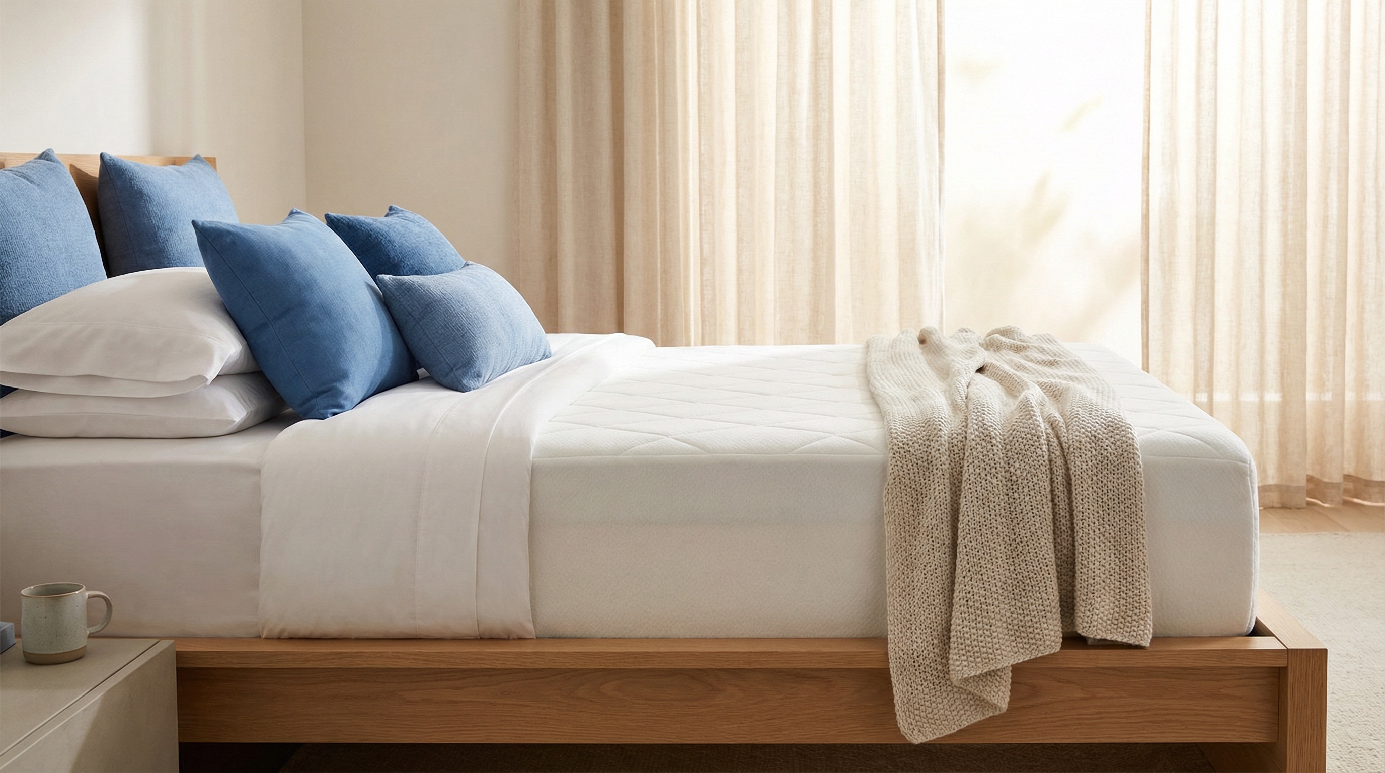 Nectar memory foam mattress in a modern bedroom with blue accent pillows